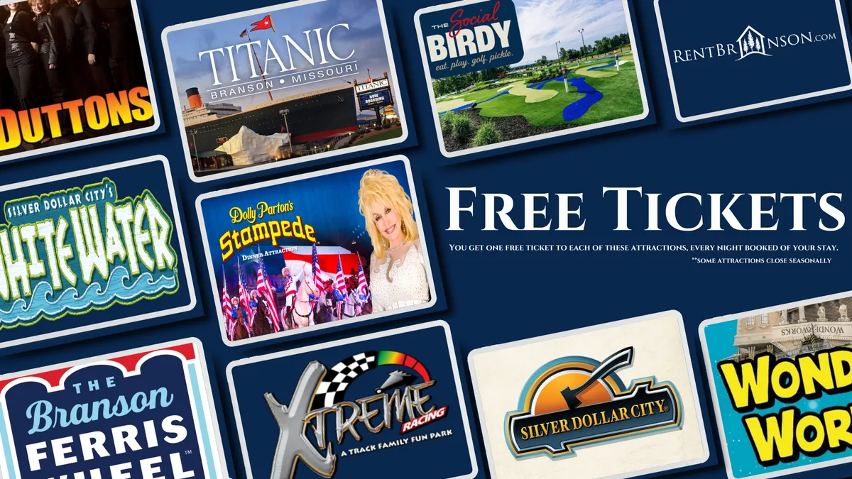 An interior shot featuring a collection of attraction logos and the prominent text 'Free Tickets,' evoking the excitement of Branson’s entertainment scene and the perks available to guests. The vibrant design suggests family-friendly fun and endless options for adventure.